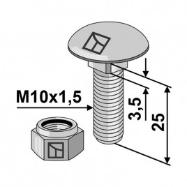 Flachrundschrauben mit Vierkantansatz M10x25 mit Mutter technische Zeichnung